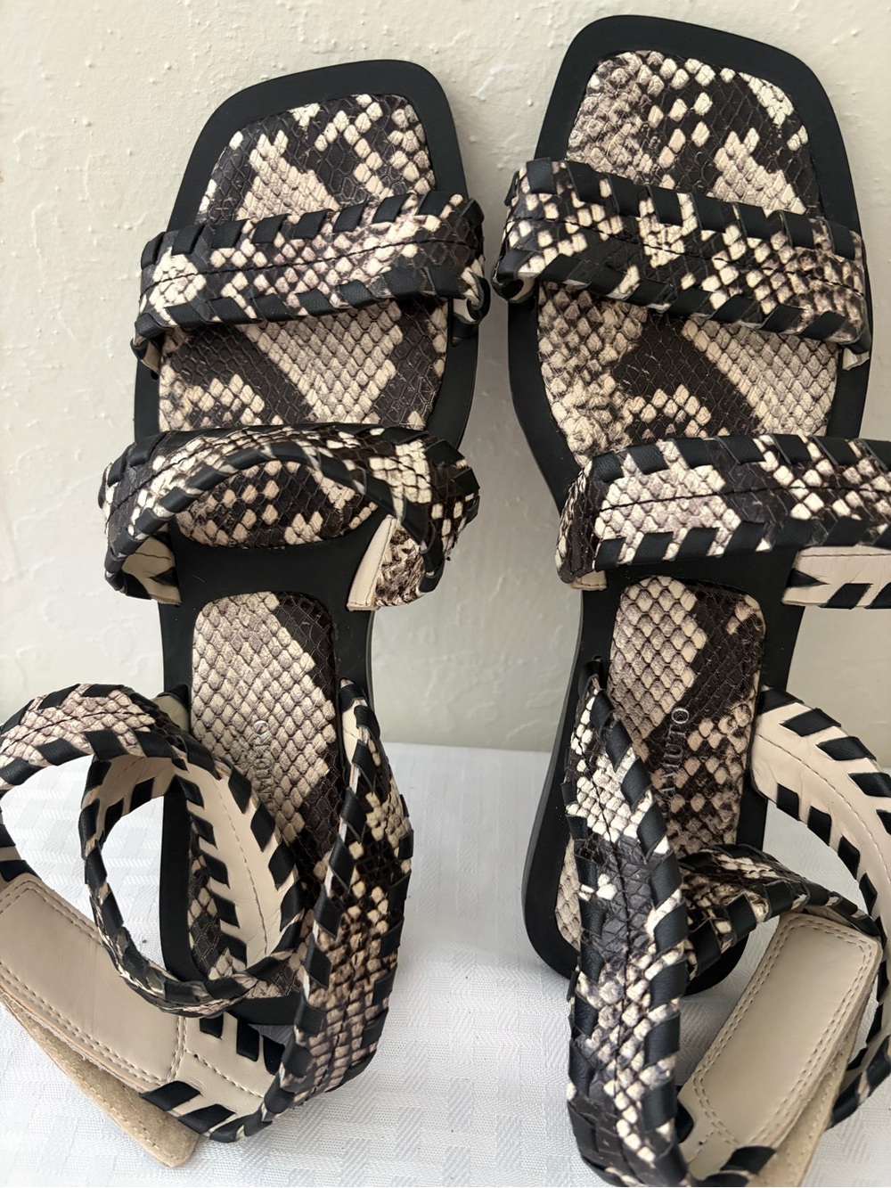 Woven Snake-Print Strappy Sandals - Black & Cream